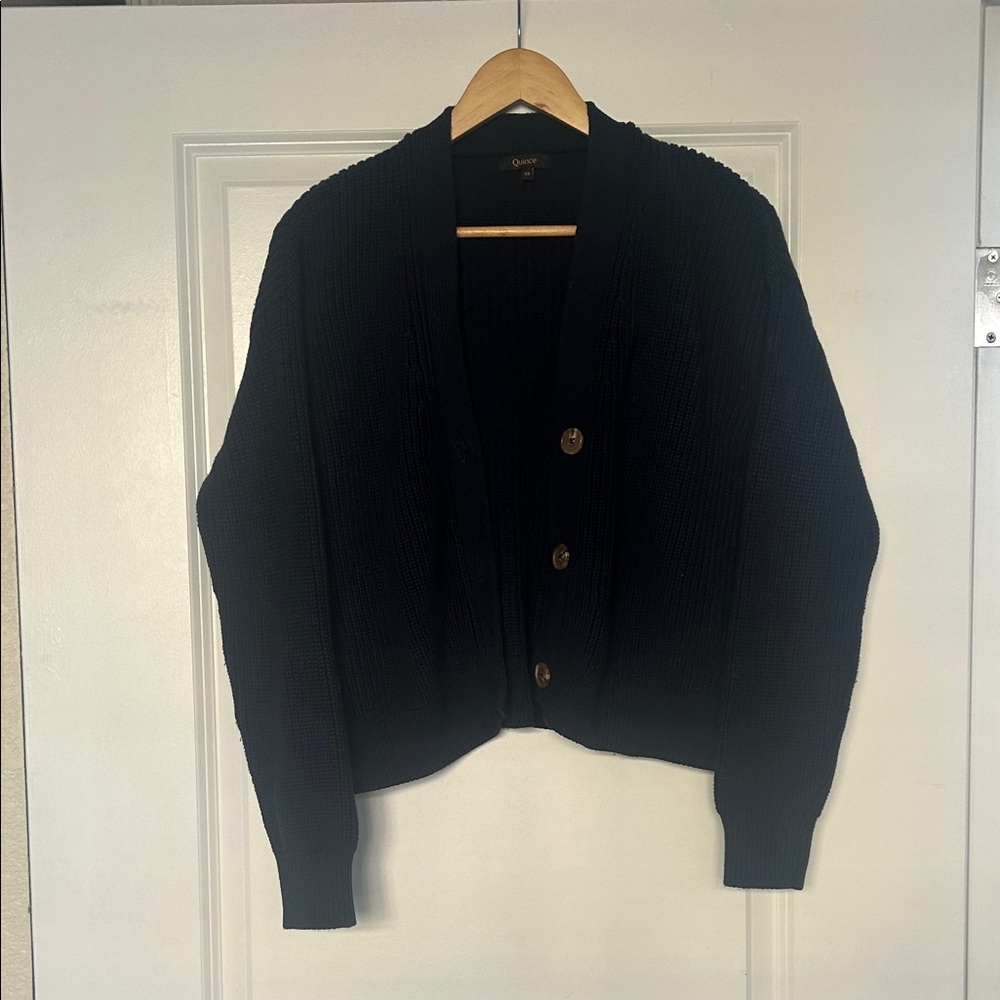 Quince 100% Organic Cotton Fisherman Boxy Cropped Cardigan, Navy, XS